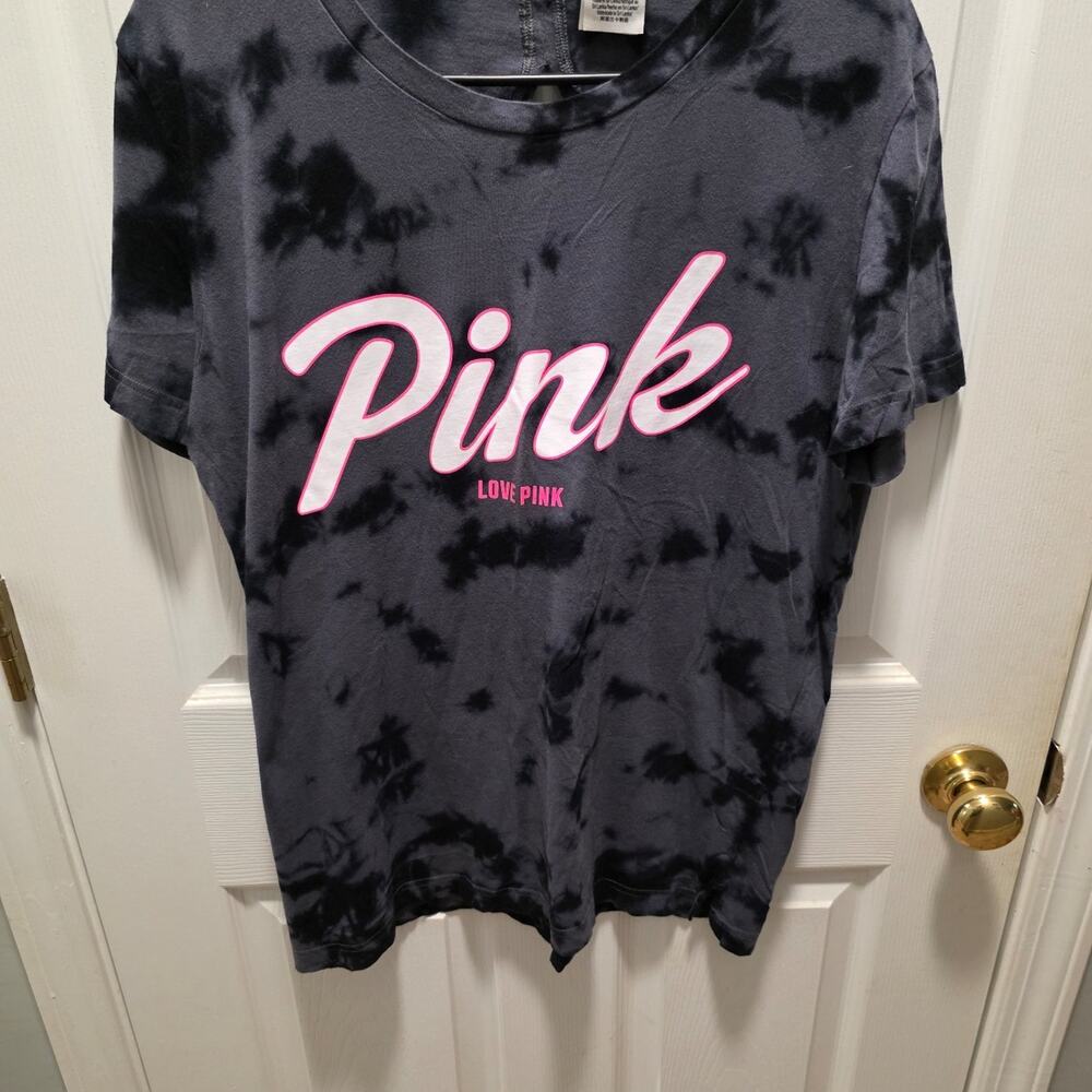 PINK Victoria's Secret Tie Dye T-Shirt Black & Gray Split Back Women's Size S